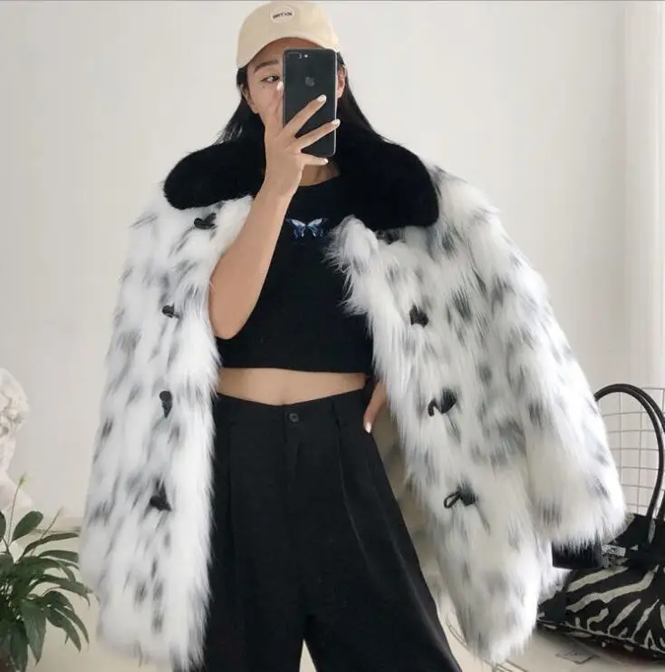 Horn button fur leather coats womens warm faux mink fur leather jackets women autumn loose clothes winter thicken fashion