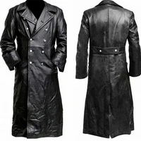 vintage pu leather jacket man top quality winter buttons long trench mens business outerwear fashion premium officer coat black