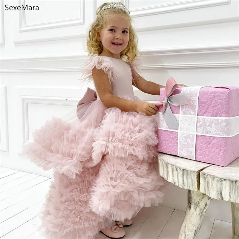 Pink Ruffles Tulle Flower Girls Dresses with Bow Sash Child Pageant Gowns Cap Sleeve Floor Length Girls Birthday Party Gowns