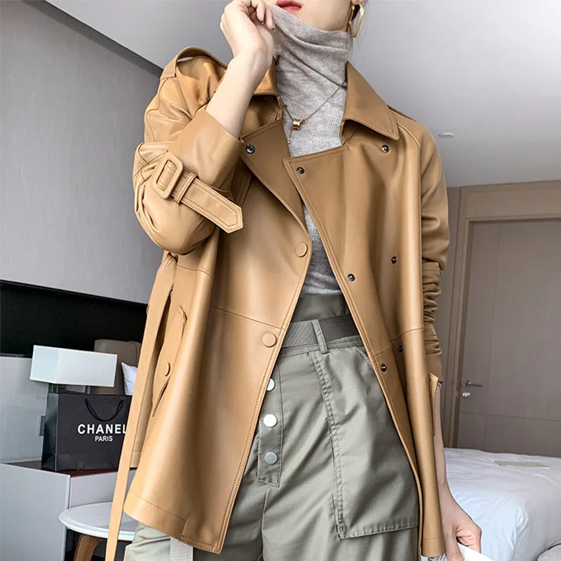 Cute Slim Fit Medium Length Khaki Overcoat with Belt Classic 2021 New Real Leather Office Coat Women's Spring Sheepskin Jacket