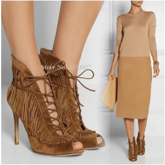 

Brown Tassels Lace-up Ankle Boots Women Fashion Peep Toe Fringe Stiletto Heel Shoes Lady Large Size High Heels Pumps Dropship