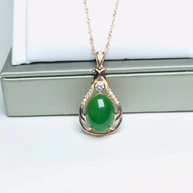 

925 Silver Jasper Green HeTian Jade Charming Dropping Design Hollow Lucky Pendant + Chain Necklace For Women Fine Jewelry Certif