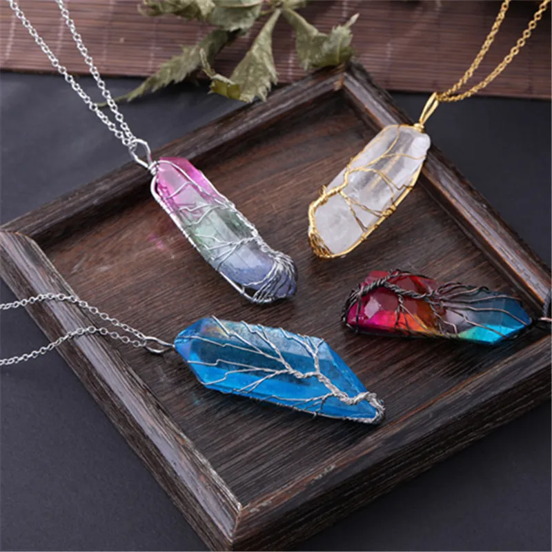 Reiki Chakra Rainbow Natural Stone Copper Wire Wrapped Pendant Necklace for Women Men Long Chain Tree of Life Statement Jewelry | Украшения