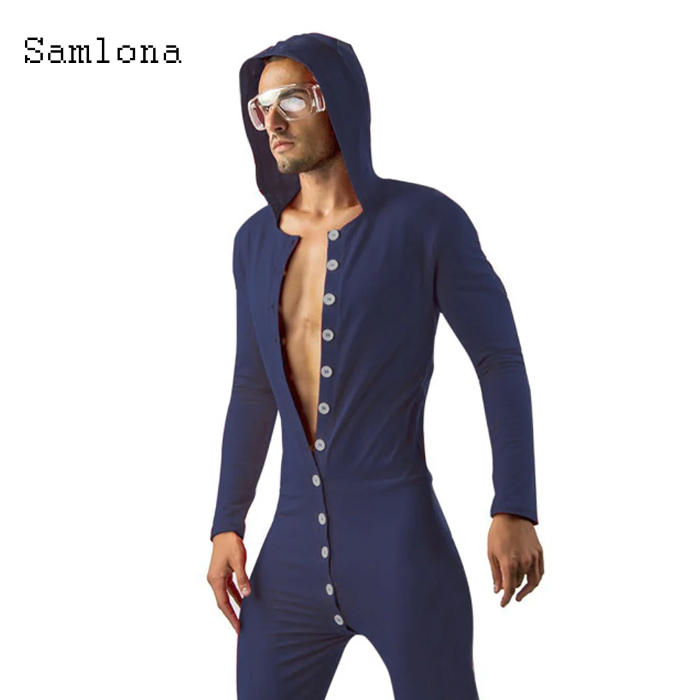 

Sexy Mens Pants Summer Hoodie Jumpsuit One-piece Garment Fashion Open Crotch Playsuits Single-Breasted Men Clothing onesie 2021