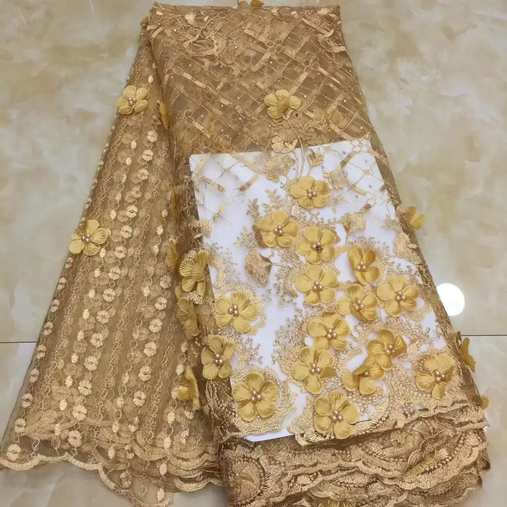 

High Quality African Tulle Lace Fabric French Net Stones And Beads 3d Lace Fabric for Wedding Dress