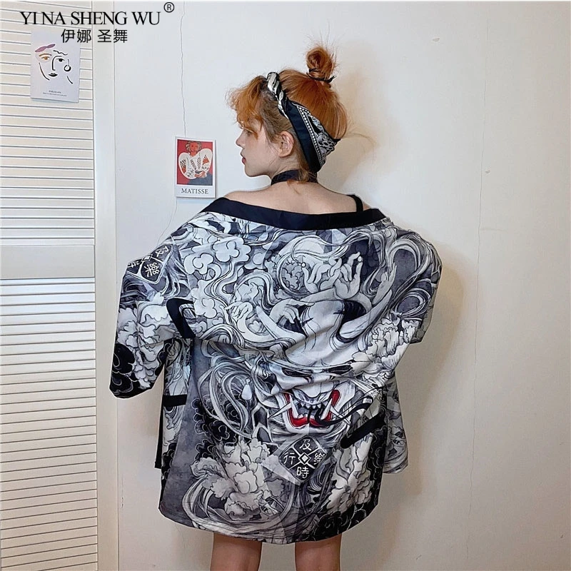 

Cardigan Kimono Harajuku Anime Women Men Cosplay Yukata Female Streetwear Traditional Haori Coat Print Belt Three Quarter Street