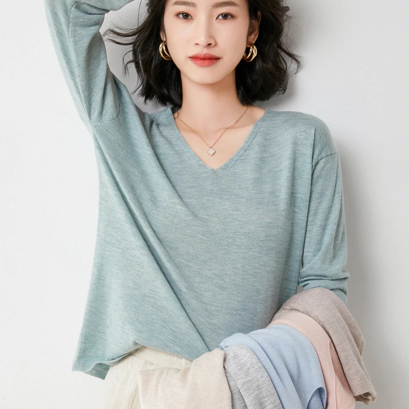 

Women's wool V-Neck Long sleeve Knitted Pullover Jersey Wool Sweater Women Jumper