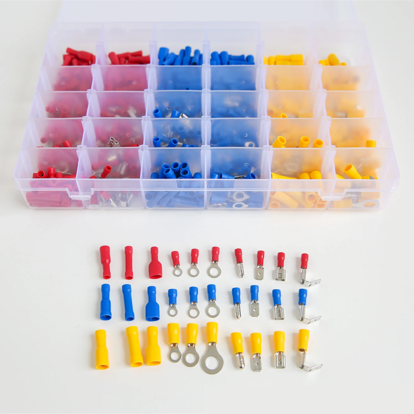 

720pcs Assorted Crimp Terminals Cold Pressed Terminal Combination Box Set Red Yellow Blue Male Female Spade 0.5-1.5mm2/22-16AWG