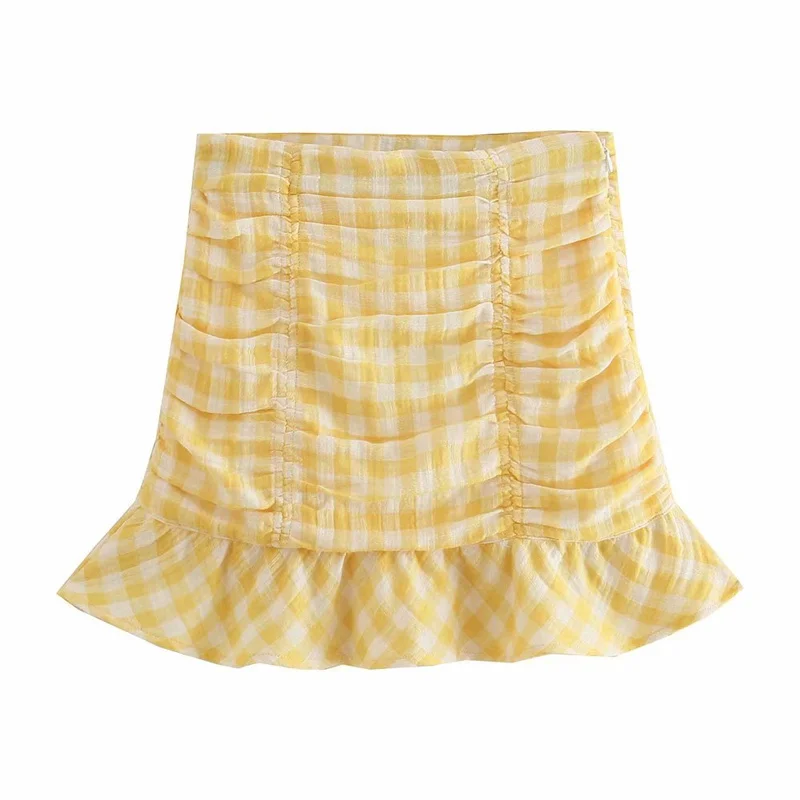 

Woman Elegant Yellow Plaid High Waisted Ruffles Skirt Suits 2021 Summer Female Slim Beach Matching Stets Ladies Cute Short Set