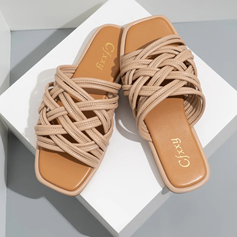 

New Women Slippers Woven Thin Strap Flat Sandals for Women's Outer Wear All-match Square Toe Hollow Flat-heeled Women's Slippers