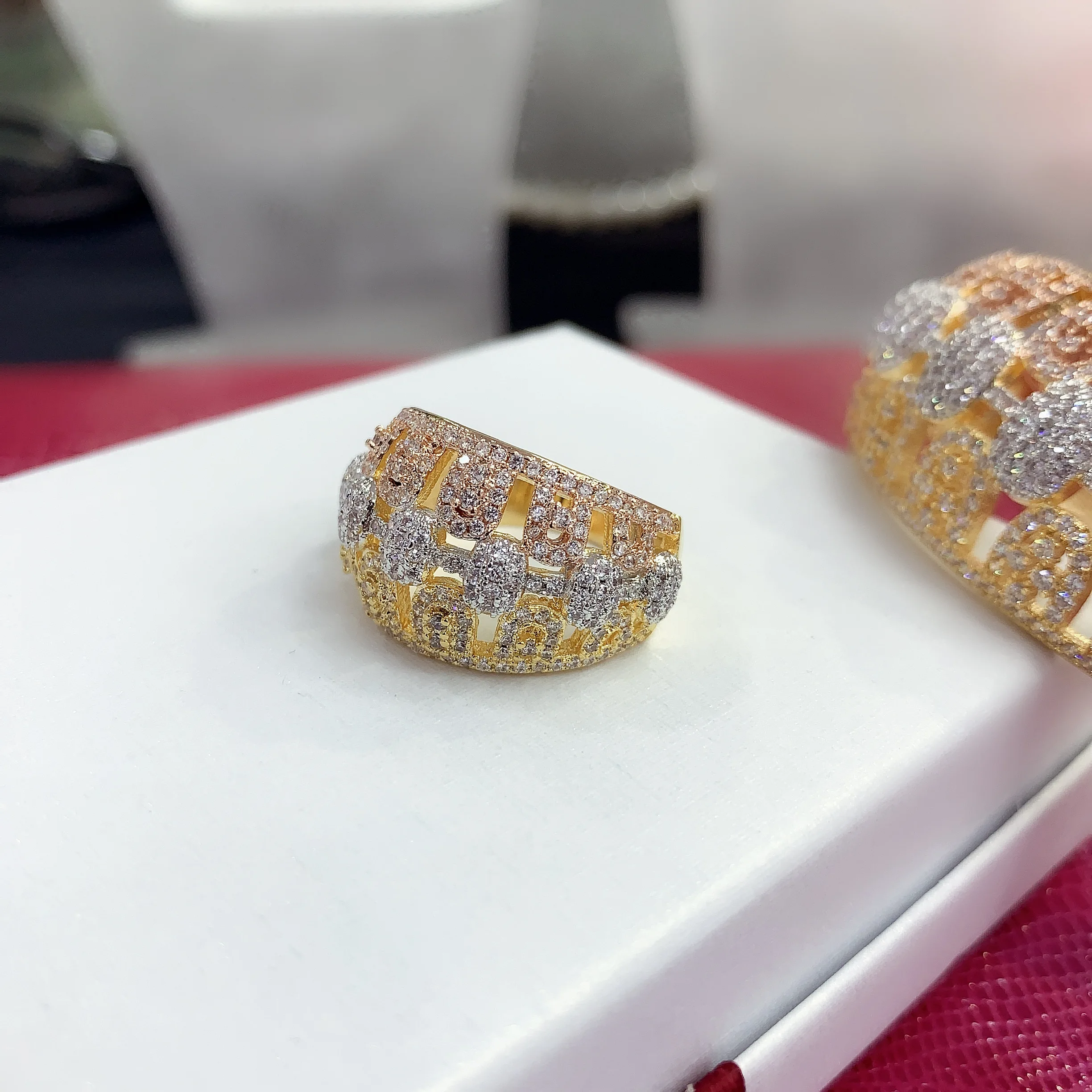 Роскошный модный классический трехцветный браслет с кольцом из меди и циркона