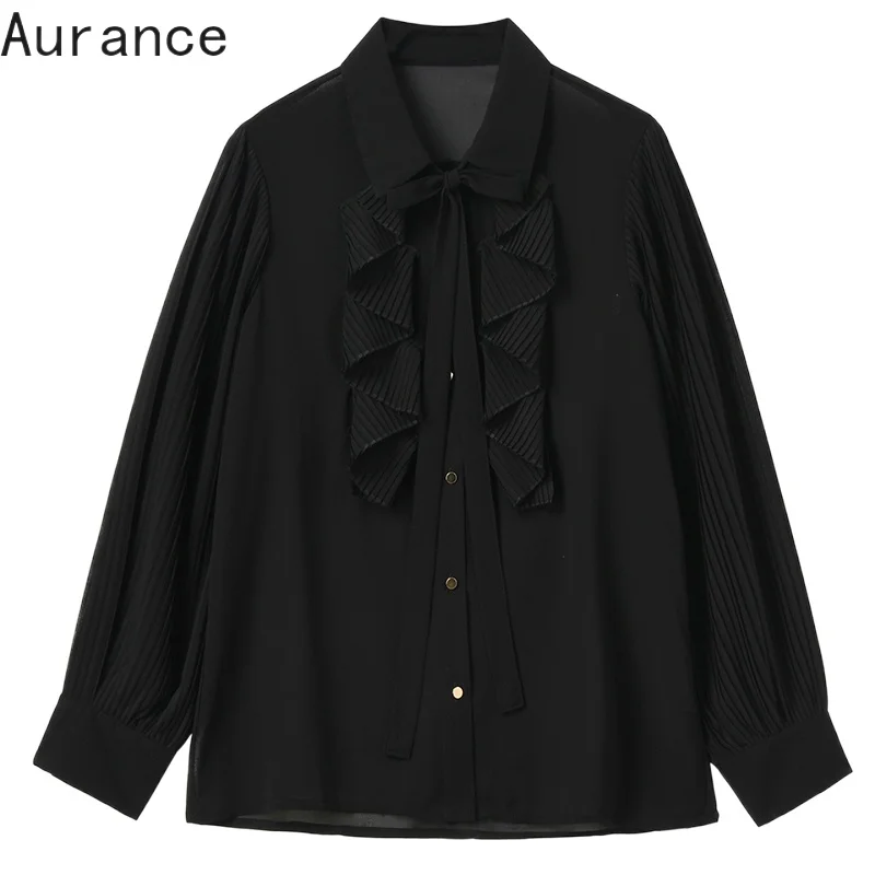 

[Aurance] Women Long Sleeve Loose Shirts Black Ruffles Temperament Blouse New Lapel Fit Shirt Fashion Tide Spring Autumn 2021