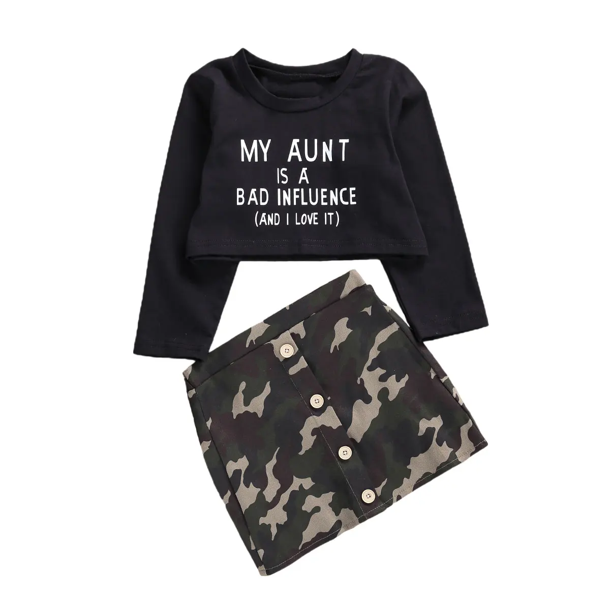 

Emmababy Toddler Baby Girl Clothes Letter Print Round Neck long Sleeve Crop T-Shirt Camouflage Print Skirt 2Pcs Outfits Clothes