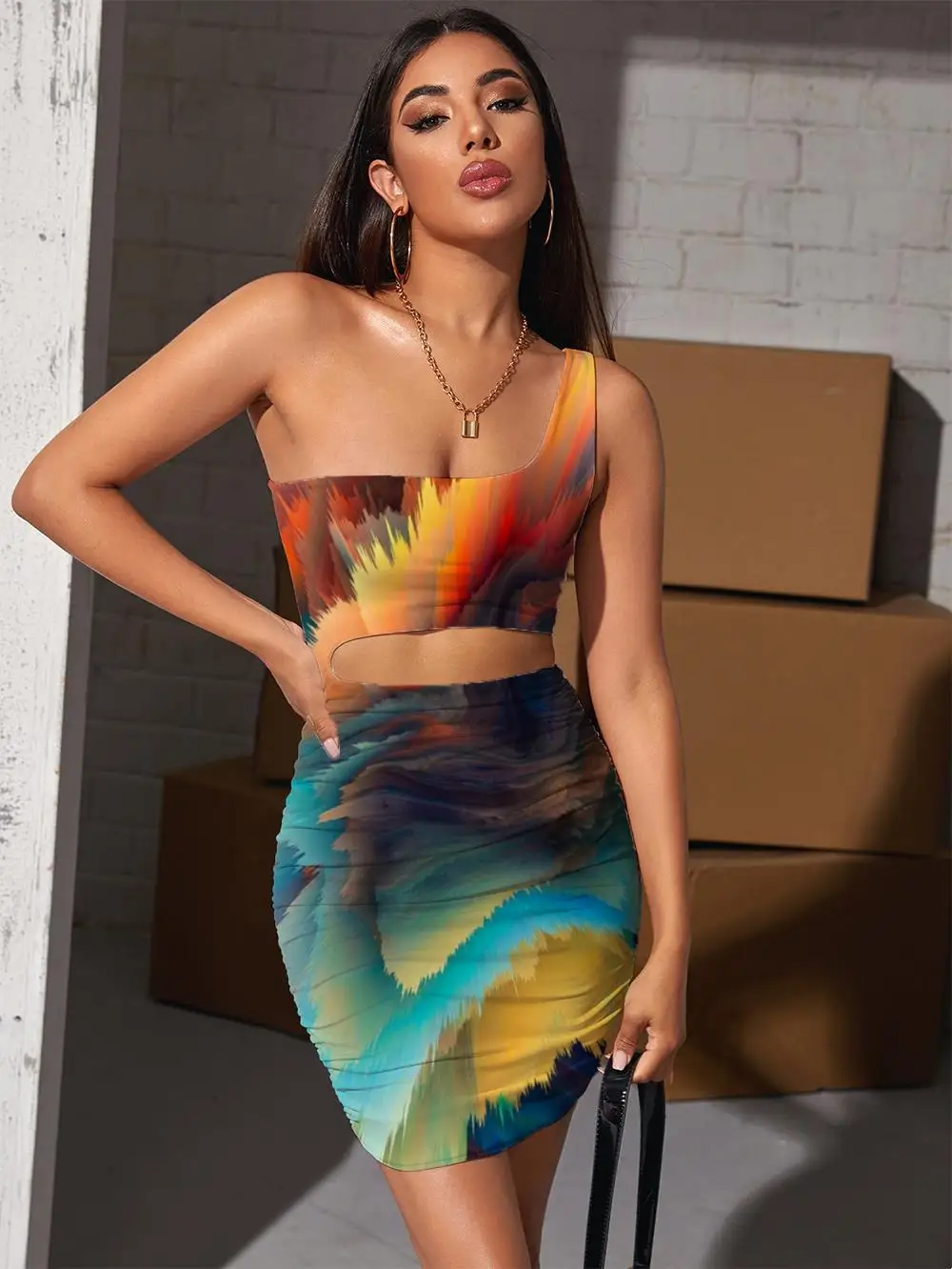 

Giyu Brand Graffiti Dresses Women Colorful Pleating Dizziness Bodycon Dress Pigment Hollow out Dresses Womens Clothing Club