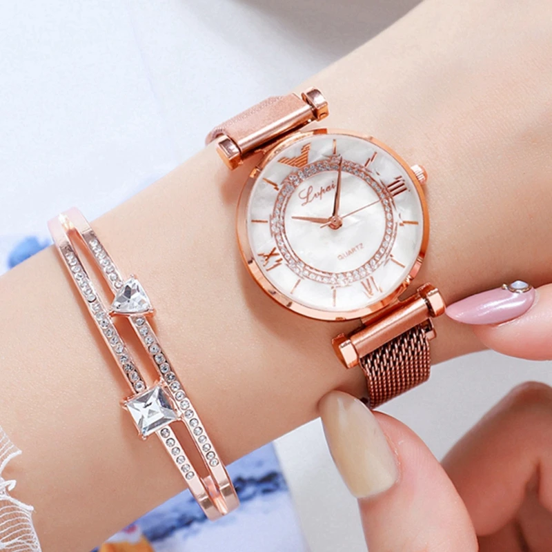 

Luxus Edelstein Cut Blume Spiegel Frauen Uhren Magnet Mesh Band Strass Quarz Armbanduhr Weibliche Diamant Uhr zegarek damsk