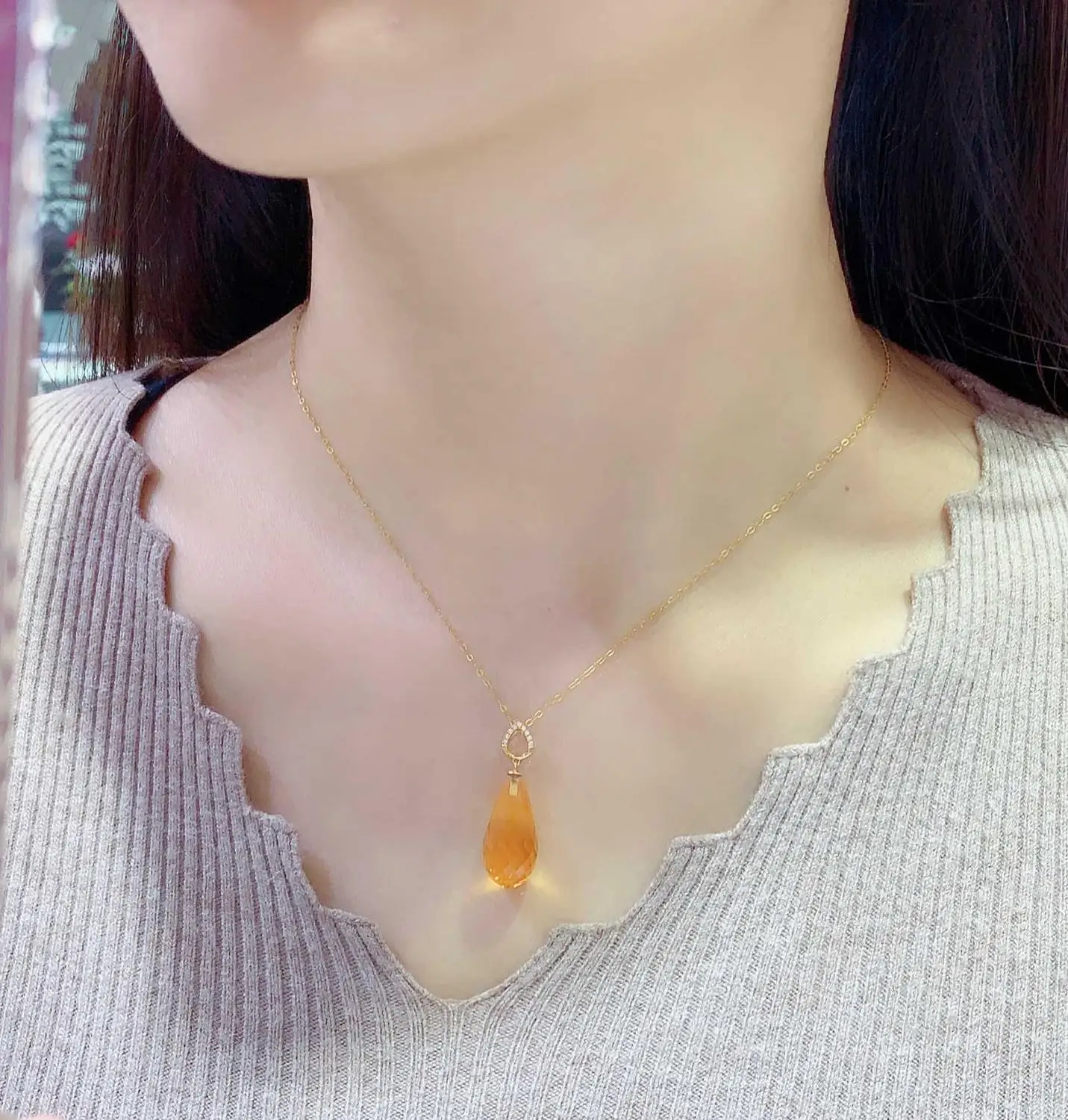

shilovem 18k yellow gold citrine pendants fine Jewelry women party new classic plant gift none necklace 10*20mm mymz1020988j