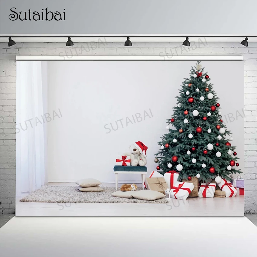 

Christmas Tree White Wall Floor Gift Interior Backdrop for Photography Famliy Baby Custom Portrait Photo Background Decor Props