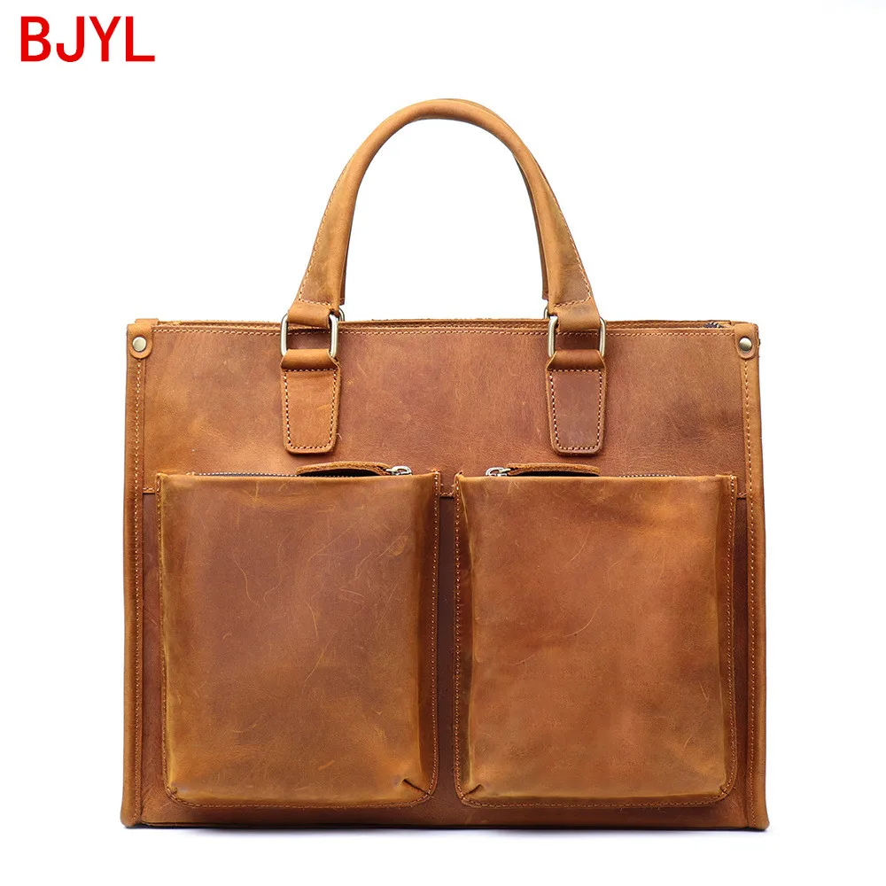 Genuine leather handbag men laptop bag business large capacity male briefcase crazy horse leather shoulder messenger bag new 14