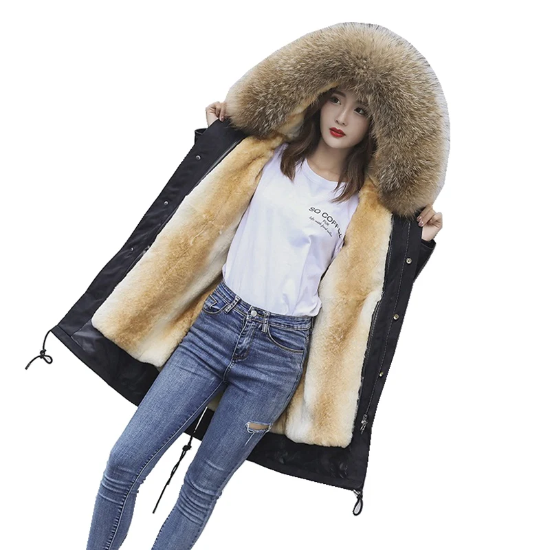85CM as picture Роскошное зимнее пальто, парки, настоящая толстовка с мехом енота и подкладкой из искусственного меха, Женская Длинная Верхняя одежда, теплые пальто LF9110 - Цвет: 85CM as picture