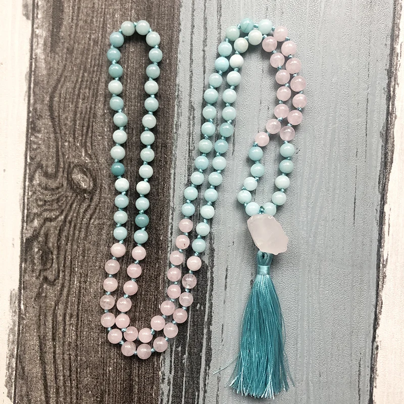 Raw Stone Pendant Mala Necklaces Rose Q-uartz& Amazonite Knotted Necklace 108 Mala Beads Tassel Necklace Womens Gift For Her