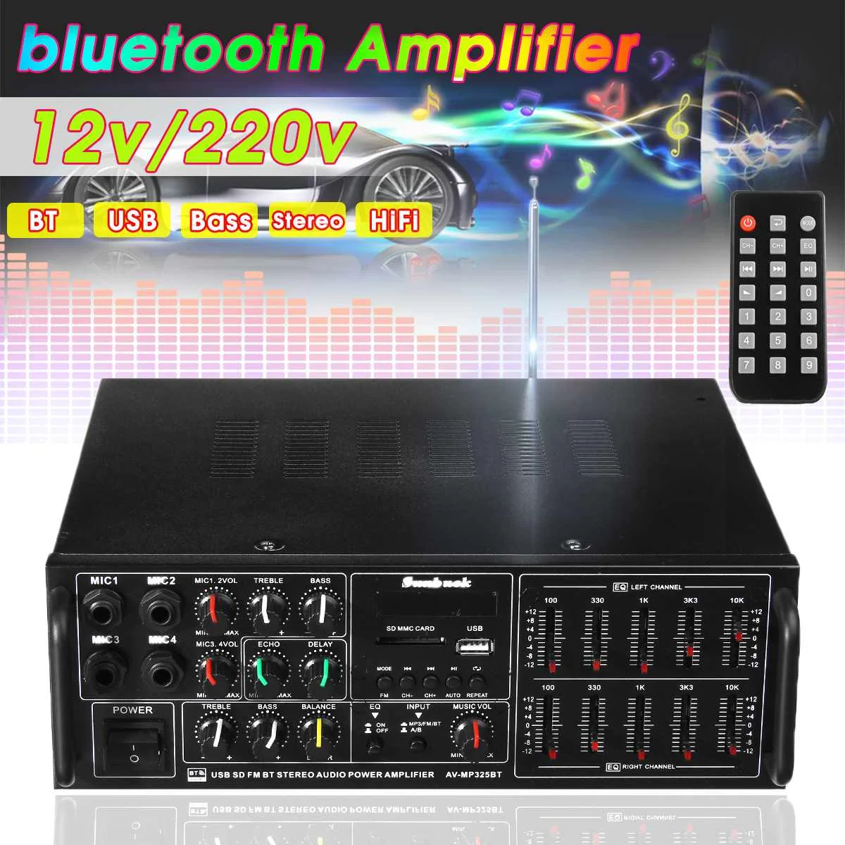 sunbuck bluetooth Amplifier 2000W Audio Power HiFi Amplifier for Car Home 2 Channel 12V/220V AV Amp Speaker FM Radio SD MP3