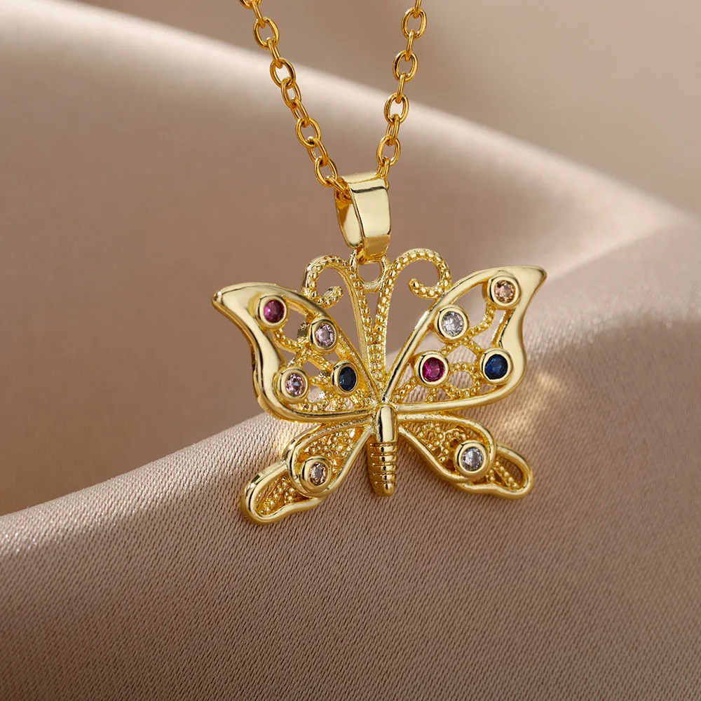 

Luxury Zircon Butterfly Pendant Necklace For Women Stainless Steel Gold Chain Necklaces Charm Wedding Couple Aesthetic Jewelry