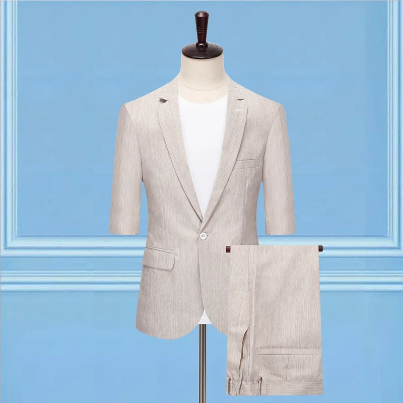 

2021 Men's New Thin Mid Sleeve Suit Slim Fit Casual Breathable Solid Color Three-Quarter Length Sleeve Suit