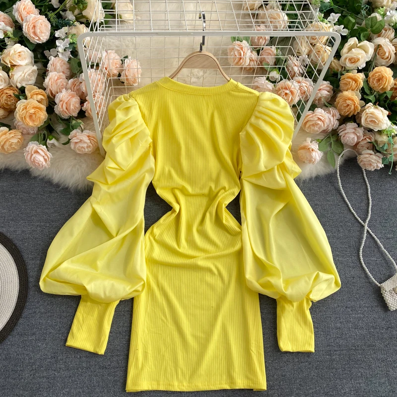 

European and American Ins Fashion Blogger Private Clothing Design Sense Puff Sleeve Dress 2020 New Autumn Clothing Skinny Hip