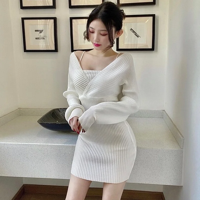 

White Sexy Wrap Hip Long Sleeve Grey Strapless Knitted Dress Mini Fake Two Pieces White Slim Wild Fashion Vestido Feminino