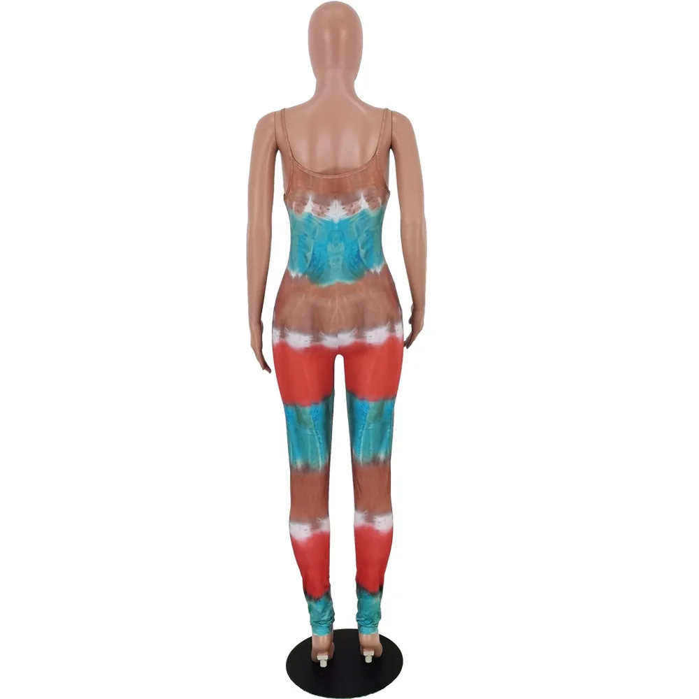 

Tie Dyeing Print Casual One Piece Overall Women Spaghetti Strap Sleeveless Bandage Romper Summer High Waist Backless Body Suits