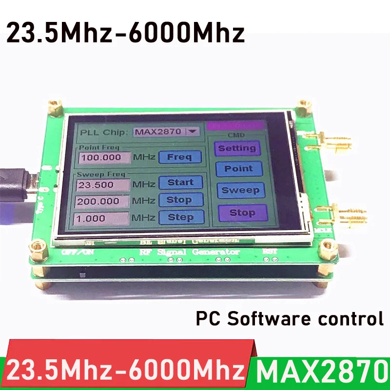 Generador de señal de fuente de señal RF MAX2870, 23,5 MHZ-6Ghz, barrido de frecuencia VCO, pantalla táctil LCD, control de software de PC para LAN