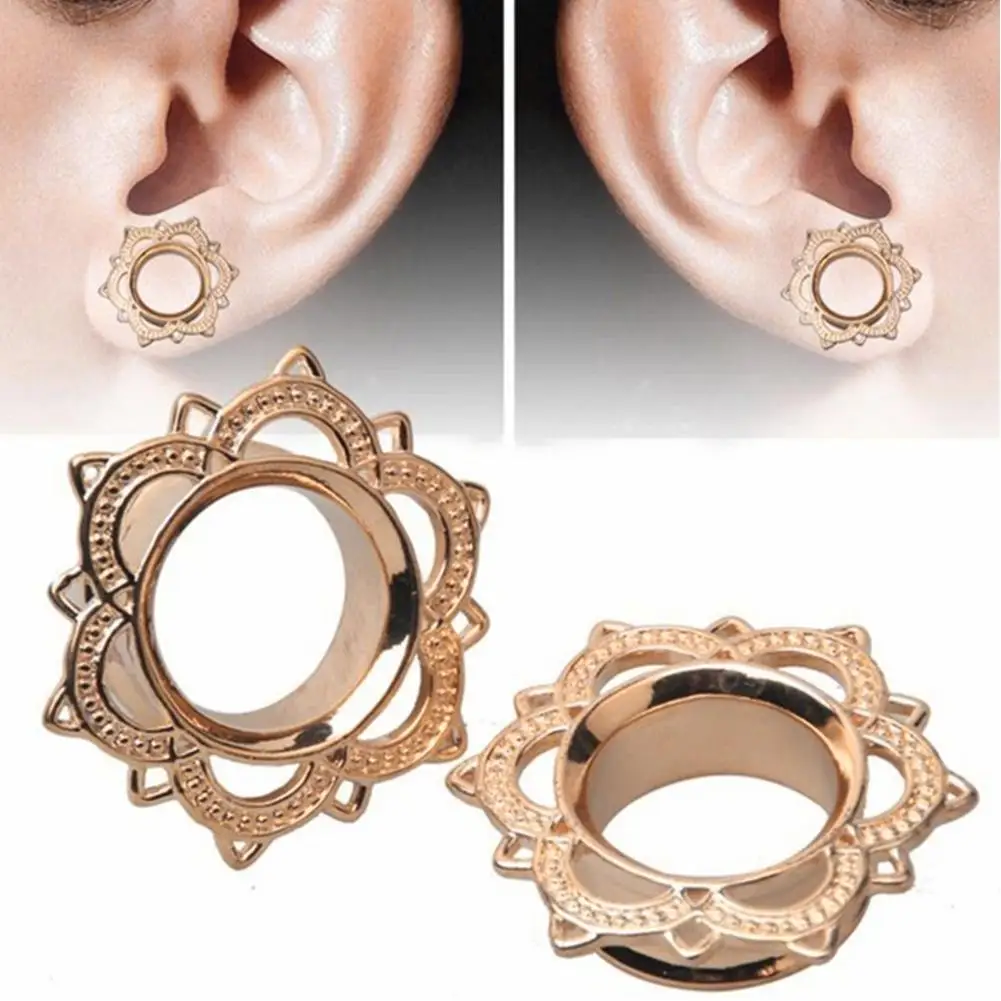 

1Pc Vintage Gold Unisex Lotus Flower Stainless Steel Ear Plug Double Flare Gauge Expander Piercing Jewelry New