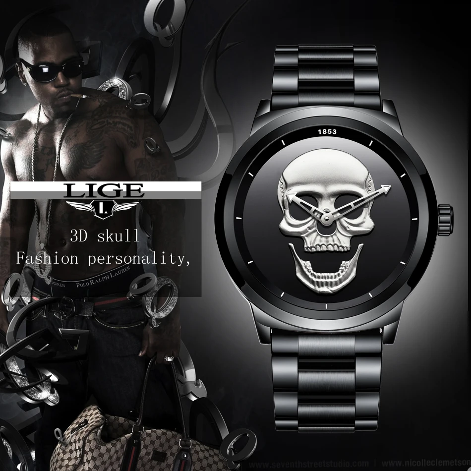 LIGE мужские наручные часы Топ бренд череп кварцевые Роскошные модные бизнес