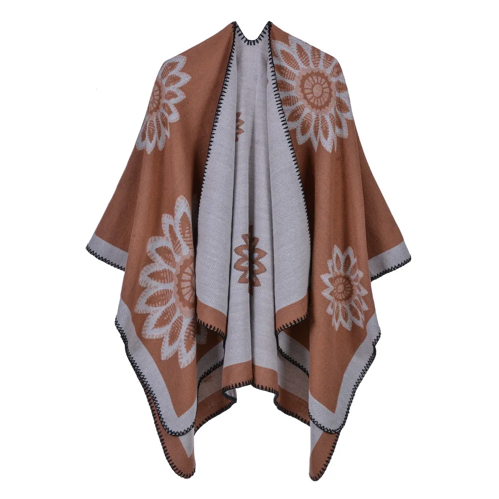 Winter Scarf Warm Poncho and Cape Women Cloak Print Floral National Wind Fork Shawl Imitation Cashmere Pashmina Wraps Mujer | Аксессуары