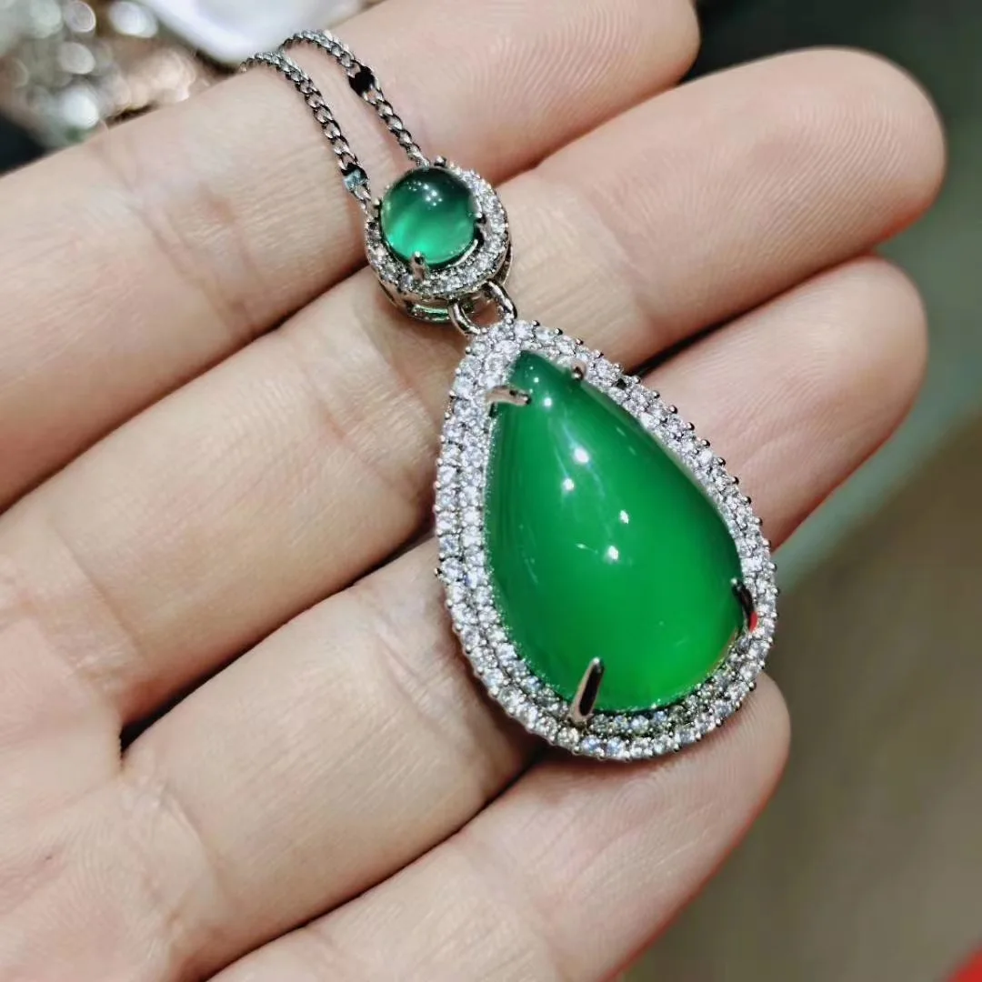Оптовая продажа ожерелье из серебра 925 пробы с зеленым халцедоном и подвеской в