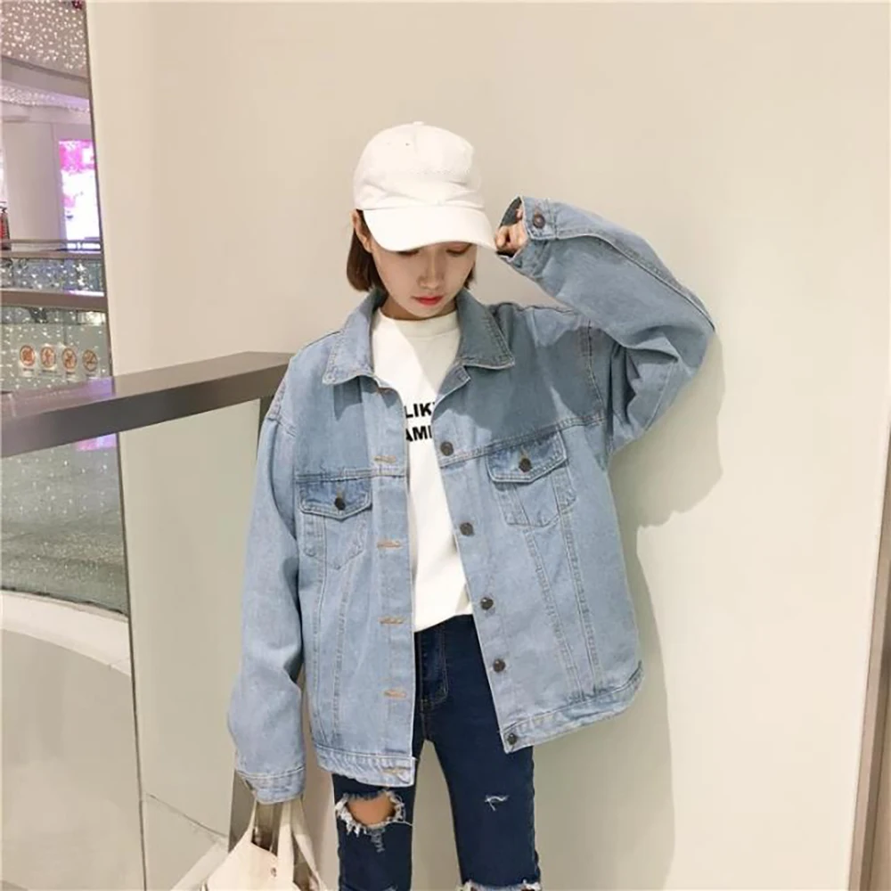 

Korean Stylish Casual Loose Denim Jacket for Women Clothes 2021Spring Autumn Ladies Long Sleeve Washed Blue Jean Coats Outerwear