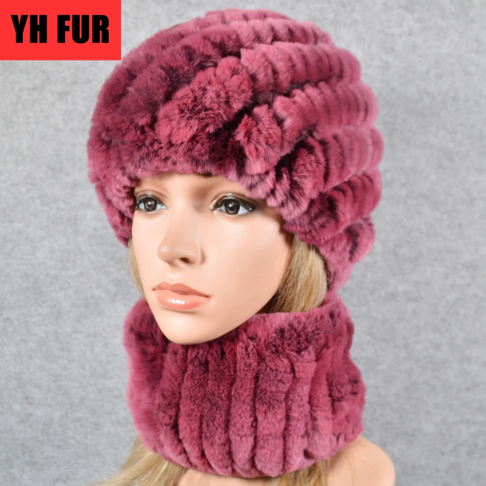 Вязаная женская зимняя ветрозащитная Настоящий мех кролика шапка и шарф из меха