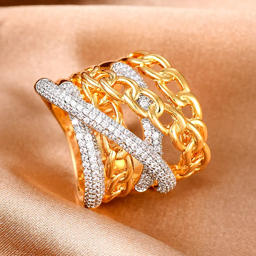 

Женское широкое кольцо SisCathy, инкрустированное фианитом, металлическое Ювелирное Украшение в форме металлической цепочки