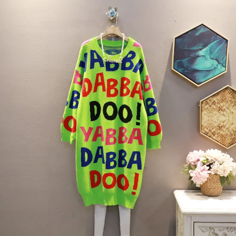 QING MO Letter Pattern Round Neck Knitted Sweater Dress Women 2021 Autumn New Fashion Loose Large Size Black Green ZWL790 | Женская