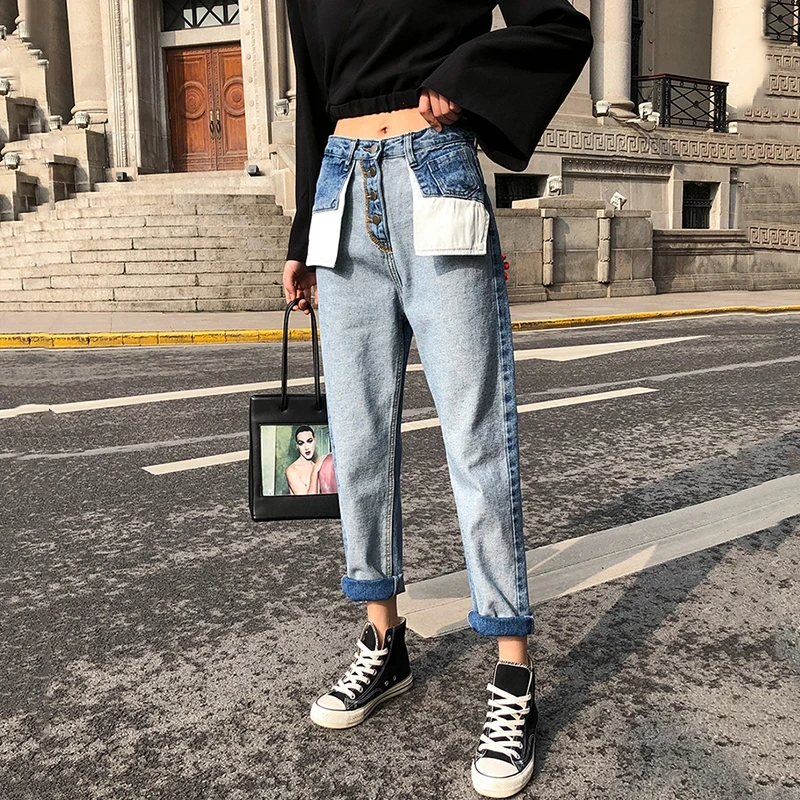 

Vintage Straight Jeans woman Denim Trousers For Women High Waist Hit Colors Patchwork Pockets Jean Female 2020 Autumn Casual New