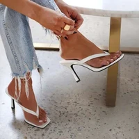 women 2021 sumer slippers med thin heel flip flops solid color fashion ladies square toe slippers high heeled sandals 36 42