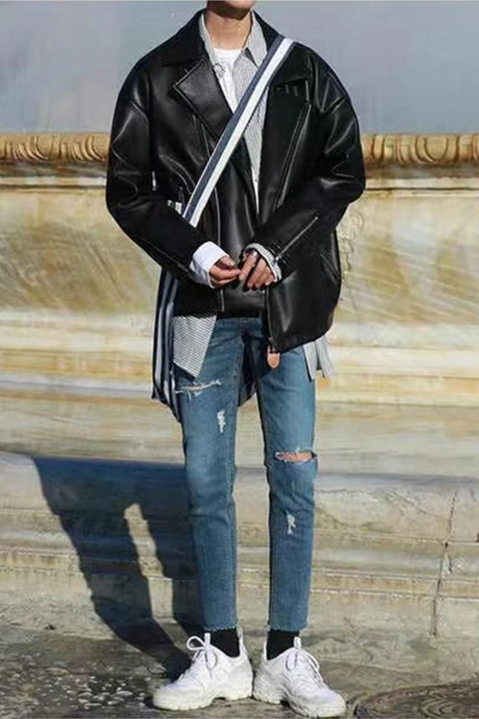 

2020 Spring And Autumn New Men's Youth Trend Diagonal Zipper Solid Color Leather Fashion Casual Loose Jacket Coat Black M-2XL