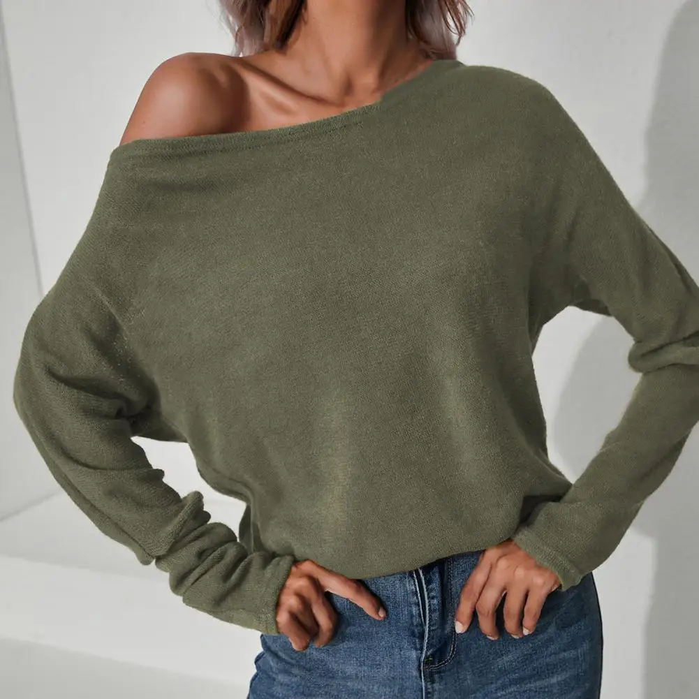 

Women Pullovers Basic Sweaters Slash Collar Solid Color Long Sleeve Jumpers Solid Color Knitted Casual Streetwear Autumn