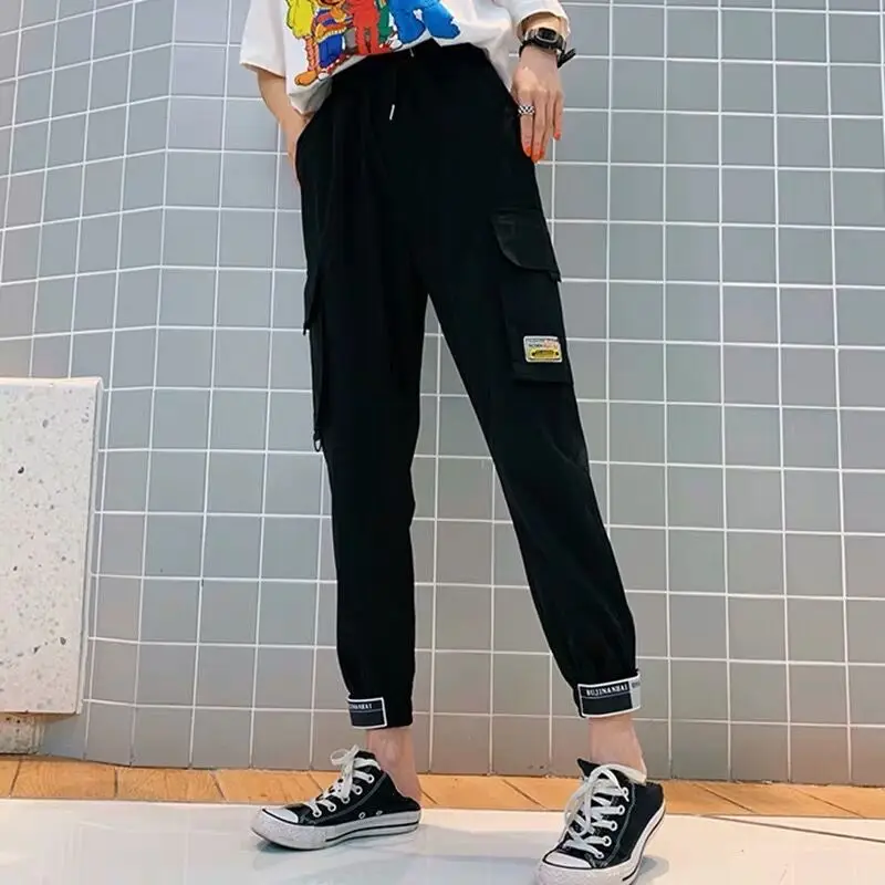 Брюки-карго женские черные повседневные джоггеры с завышенной талией свободные