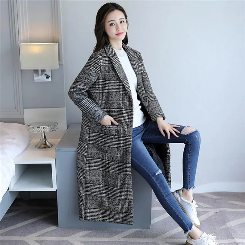 

2021 Spring Autumn Women's Plaid Coat New Fashion Long Woolen Coat Slim Type Female Winter Polyester Jackets Female