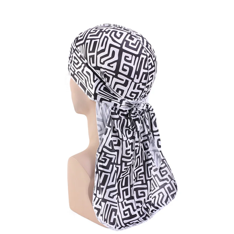 

New Men Silky African pattern print durag Bandanas for Men Silk Durag du rags Long Straps Headwrap Turban Hat Wave Do DuRag