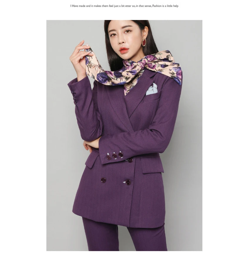 Elegant Double-breasted Purple Women Pant Suit Slim Blazer Set Female Workwear Trouser 2020 Autumn sweatsuit | Женская одежда