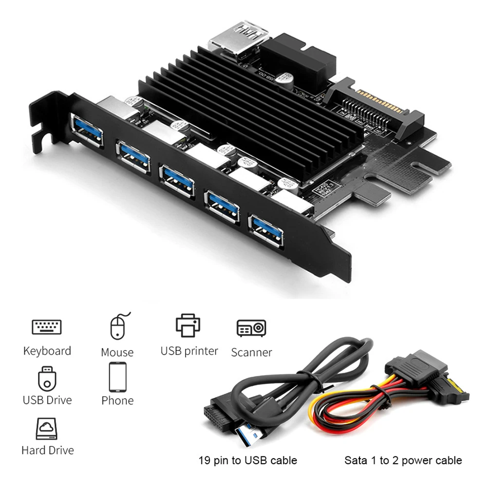 

Expansion Card PCI-E To USB 3.0 5 Ports USB Cards With 19 Pin Power Connector PCI-E Adapter 15 Pin SATA Power Port