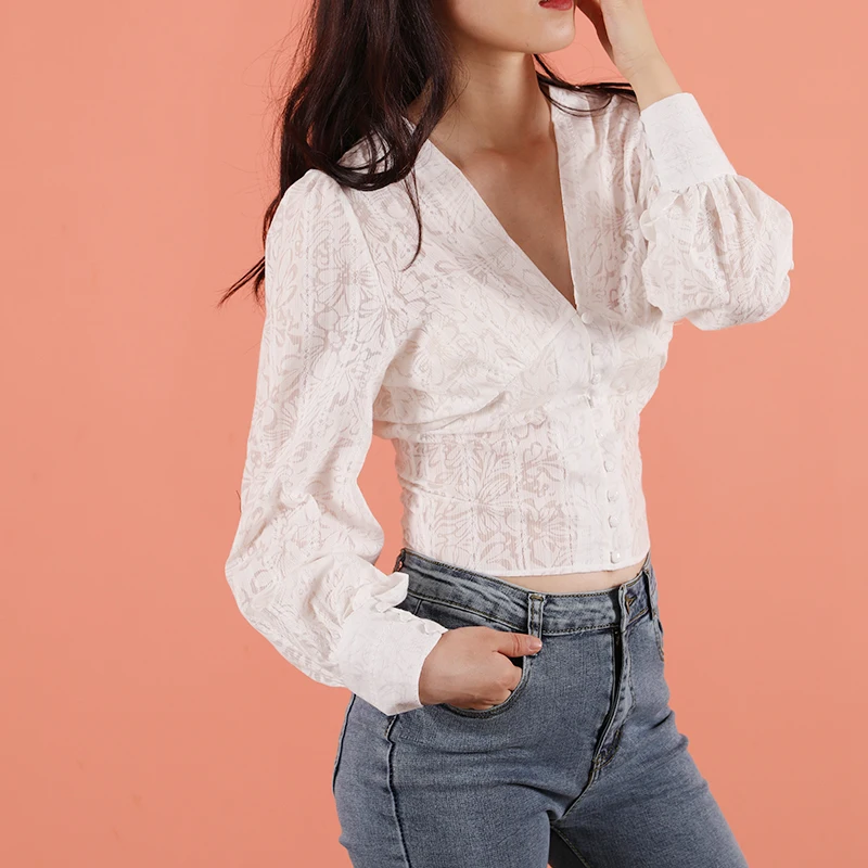 Женские блузки весна 2020 новинка прозрачные белые с высокой талией длинным