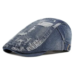 New Newsboy Caps For Men Washed Blue Denim Berets Fashion Cotton Flat Cap Cabbie Ivy Hat British Causal Forward Cap